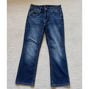 Buckle Black Fit No 9 Bootleg Jeans Mens 33S DK Wash Distressed Contrast Stitch